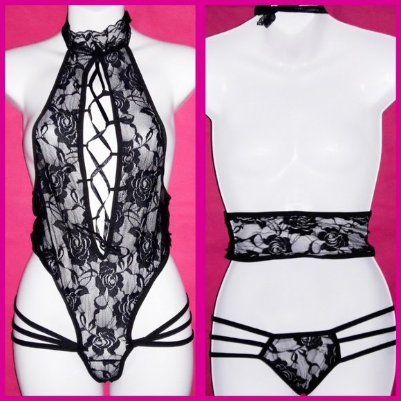 Black Lace Criss Cross Bodice Strappy Bodysuit - Picture 2 of 5